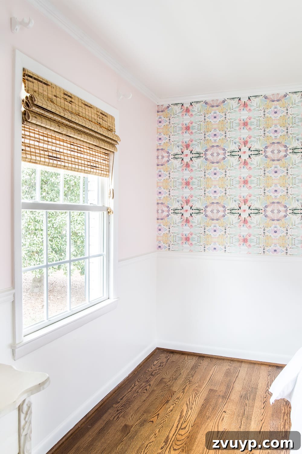 A Magical Makeover: New Wallpaper for Her Bedroom 9 A sweet pastel little girl bedroom makeover with Behr My Sweetheart and retro wallpaper to transition into pre-teen/teenage years. #girlbedroom #kidsdecor #wallpaper #pinkpaint
