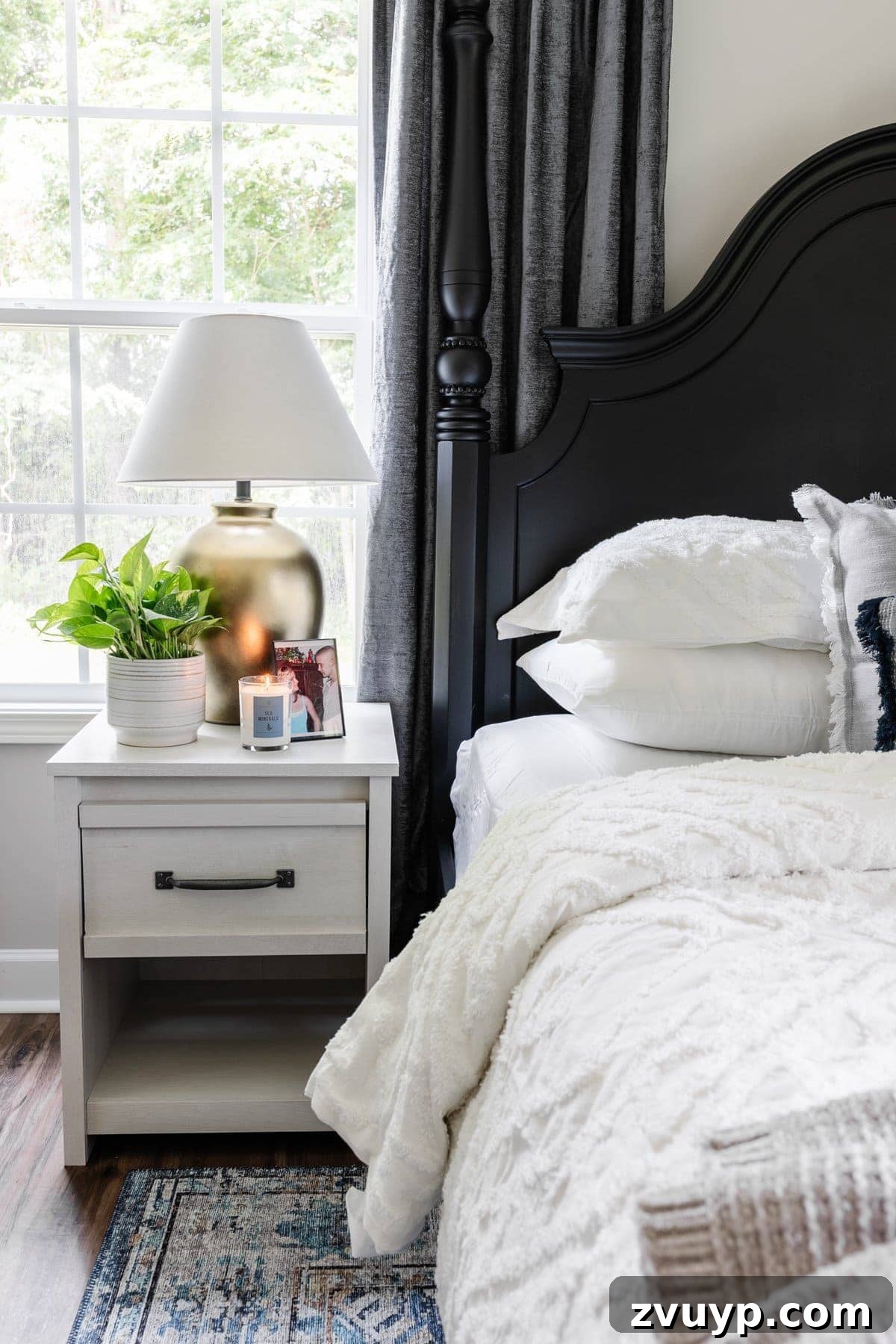 Smart Nightstands for Tiny Bedrooms 5 Whitewashed bedside table with new decorative hardware in a small bedroom setting