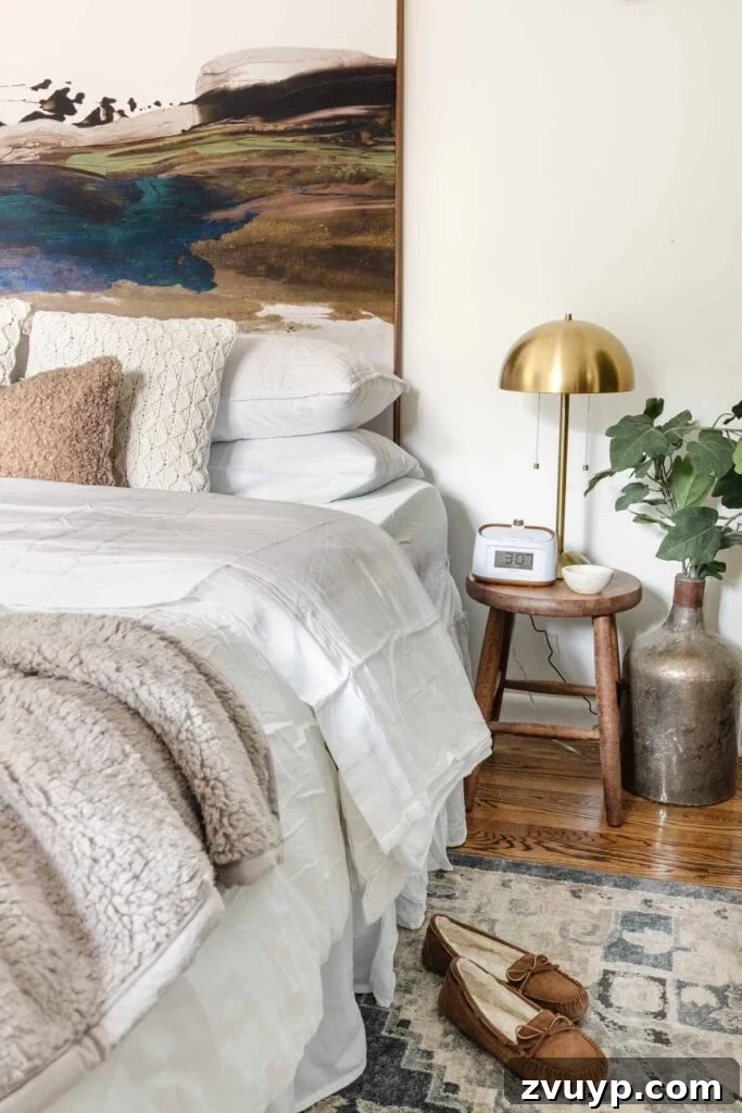 Smart Nightstands for Tiny Bedrooms 9 Using a minimalist stool beside an air mattress as a skinny bedside table in a temporary office guest room