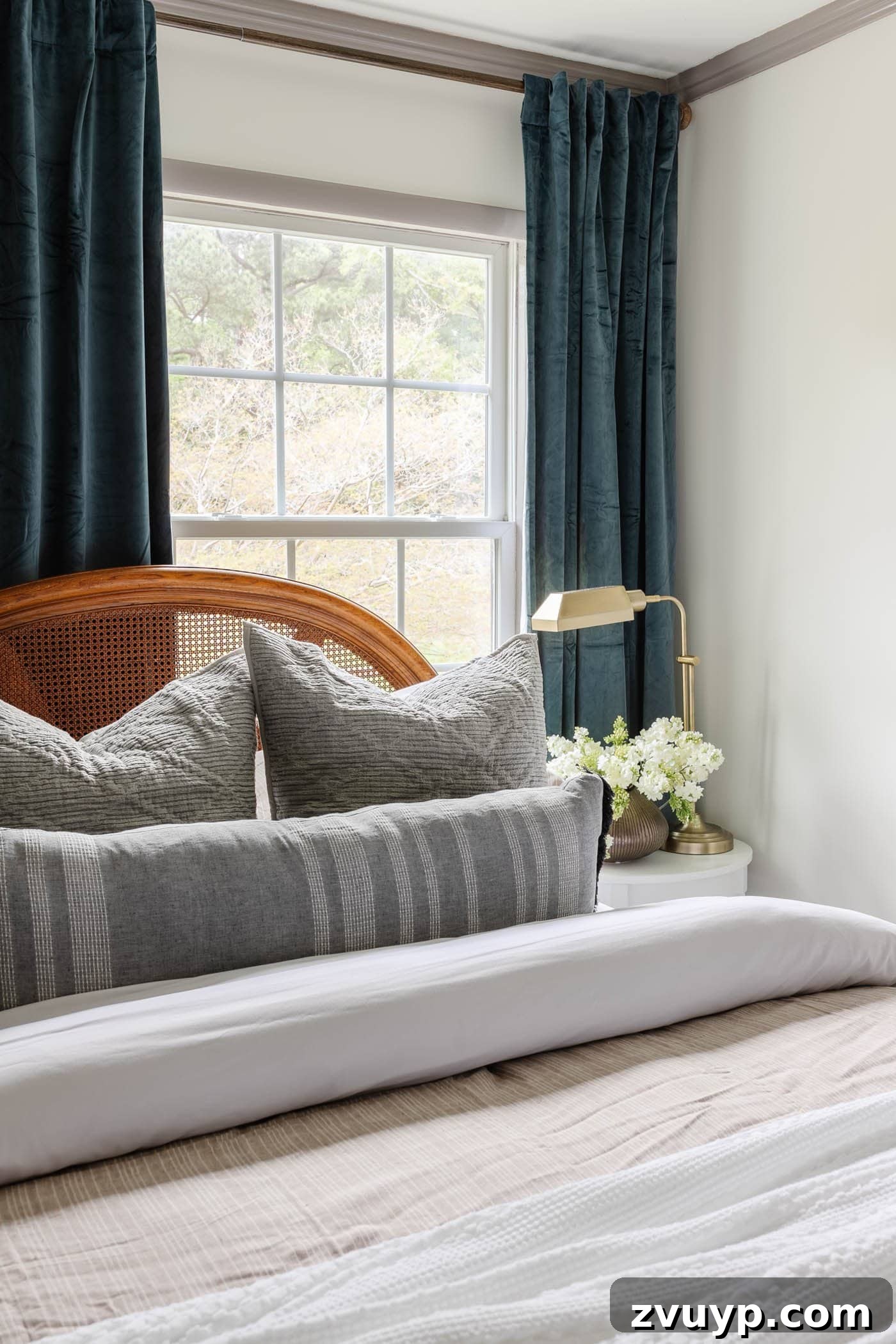 Ageless Interior Design: Lasting Style Principles 18 A serene bedroom featuring tranquil blue curtains and a cane bed adorned with neutral bedding, exemplifying a classic and calming interior design.