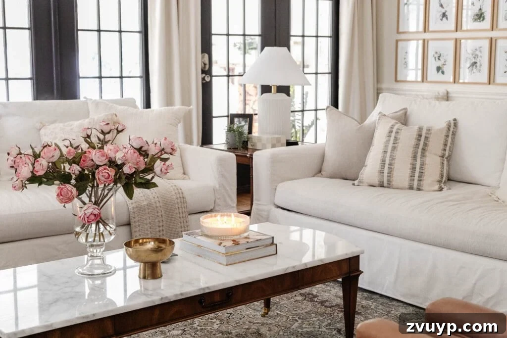 Ageless Interior Design: Lasting Style Principles 4 A serene white living room adorned with timeless design elements and modern vintage accents, creating an elegant and lasting aesthetic.