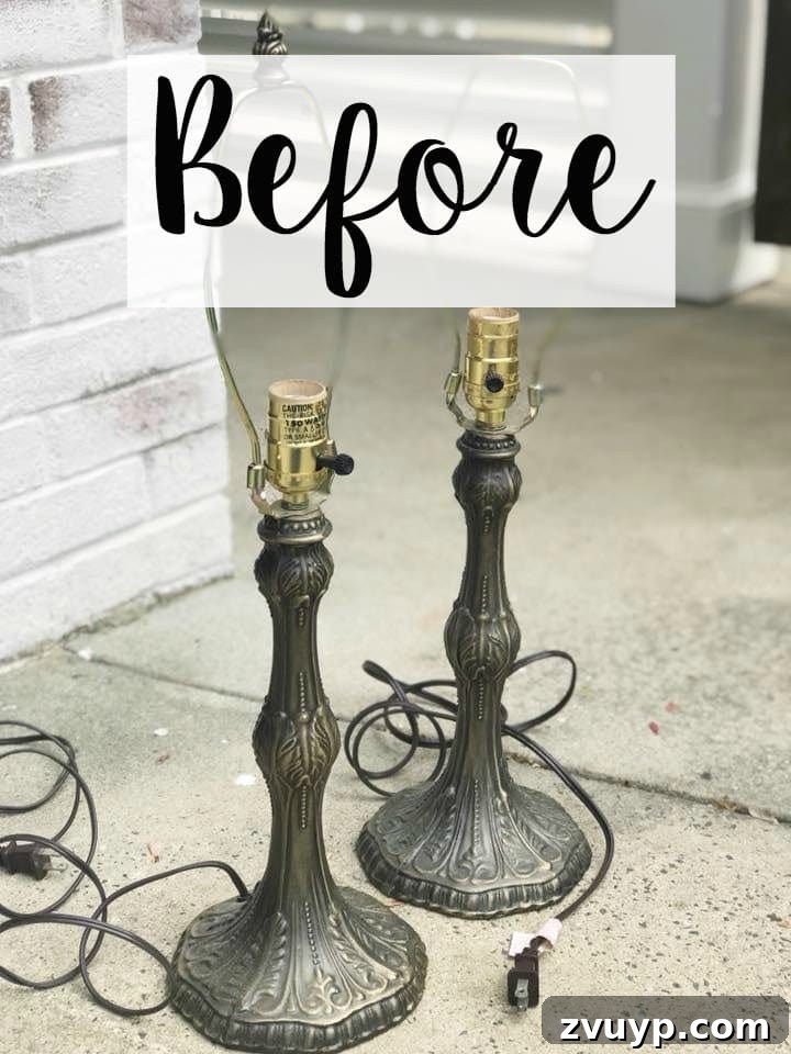 A thrifted table lamp gets a French Baroque designer inspired makeover using Annie Sloan Chalk Paint in Paris Grey, Pure White, clear wax, and dark wax. #thriftdecor #thrifted #thrifting #thriftmakeover #lamp #bedroom #girlbedroom #littlegirlbedroom #frenchdecor #femininedecor #designerknockoff #designerdecor 