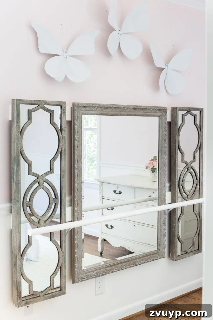 DIY Barre & Chair Rail Decor: Elevate Your Space and Practice 2 How to make a ballet barre with mirrors and shelf brackets and how to hang wall decor on a chair rail, board and batten, or molding #balletbarre #kidsdecor #girldecor #girlbedroom #girlroom #kidsroom #walldecor #hanginghack #wallhack #diywalldecor