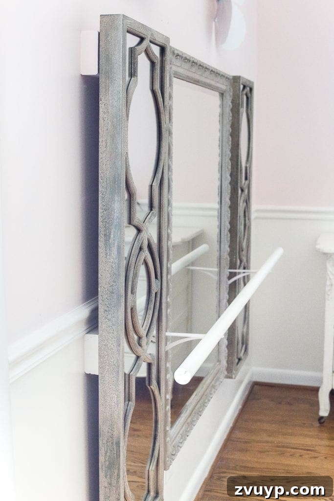 DIY Barre & Chair Rail Decor: Elevate Your Space and Practice 7 How to make a ballet barre with mirrors and shelf brackets and how to hang wall decor on a chair rail, board and batten, or molding #balletbarre #kidsdecor #girldecor #girlbedroom #girlroom #kidsroom #walldecor #hanginghack #wallhack #diywalldecor