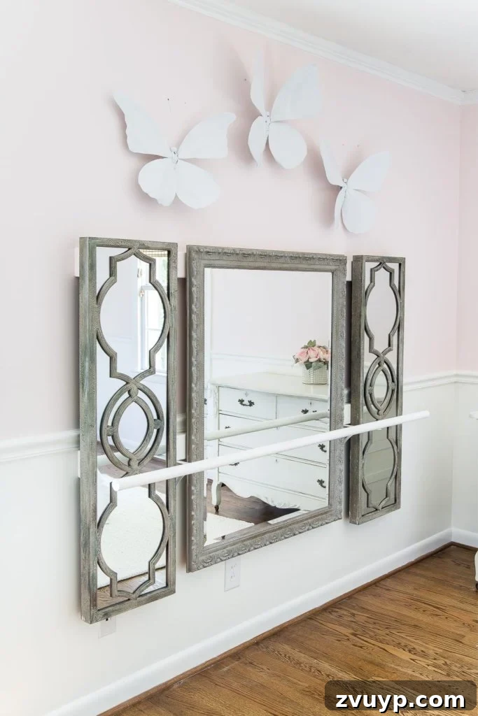 DIY Barre & Chair Rail Decor: Elevate Your Space and Practice 8 How to make a ballet barre with mirrors and shelf brackets and how to hang wall decor on a chair rail, board and batten, or molding #balletbarre #kidsdecor #girldecor #girlbedroom #girlroom #kidsroom #walldecor #hanginghack #wallhack #diywalldecor