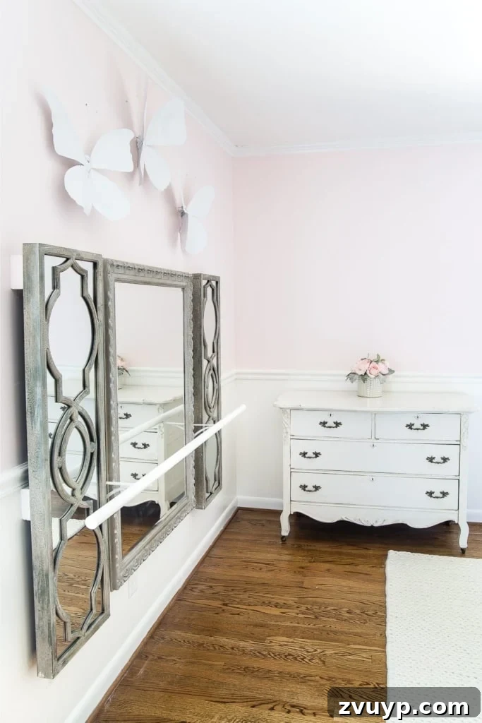 DIY Barre & Chair Rail Decor: Elevate Your Space and Practice 9 How to make a ballet barre with mirrors and shelf brackets and how to hang wall decor on a chair rail, board and batten, or molding #balletbarre #kidsdecor #girldecor #girlbedroom #girlroom #kidsroom #walldecor #hanginghack #wallhack #diywalldecor