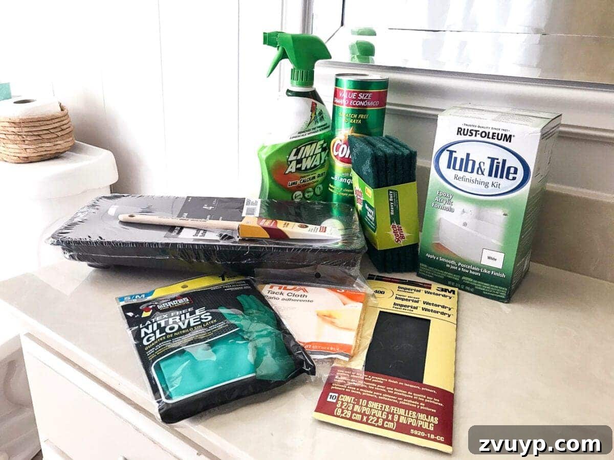 Our Painted Bathroom Sink, Counter, Tub, Shower An 8-Month Durability Update 4 The Rust-Oleum Tub and Tile Refinishing Kit used for a DIY bathroom makeover, painting sink, countertop, tub, and shower for a refreshed look.