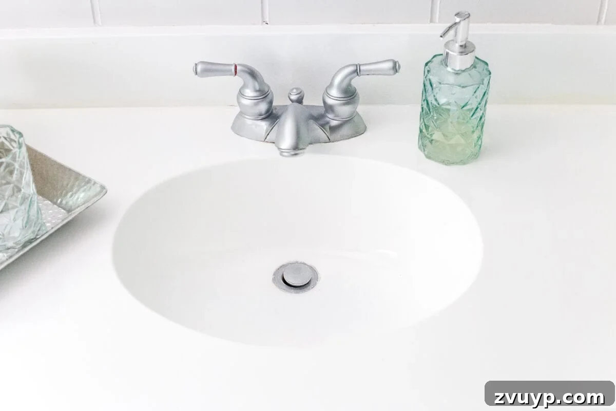 Our Painted Bathroom Sink, Counter, Tub, Shower An 8-Month Durability Update 9 Detailed view of the painted bathroom sink, showing its pristine condition after 8 months of use with the Rust-Oleum Tub & Tile coating.