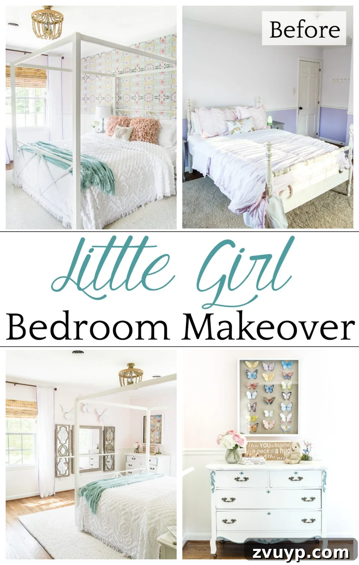 Pin this post for later: Little Girl Bedroom Makeover with a butterfly theme, featuring thrifty DIY projects and Anthropologie style knock-offs.