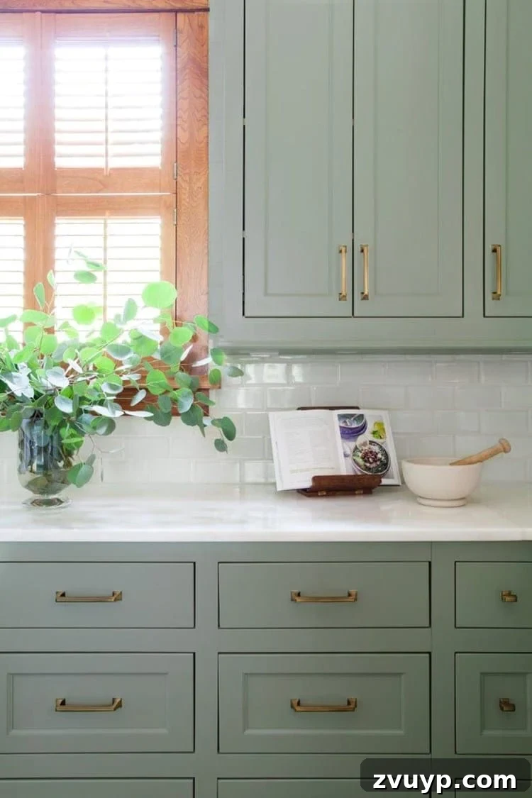 Fresh Green Kitchen Cabinet Ideas 14 Kitchen cabinets painted in Sherwin Williams Halcyon Green, a beautiful blue-green that evokes a coastal, calming vibe.