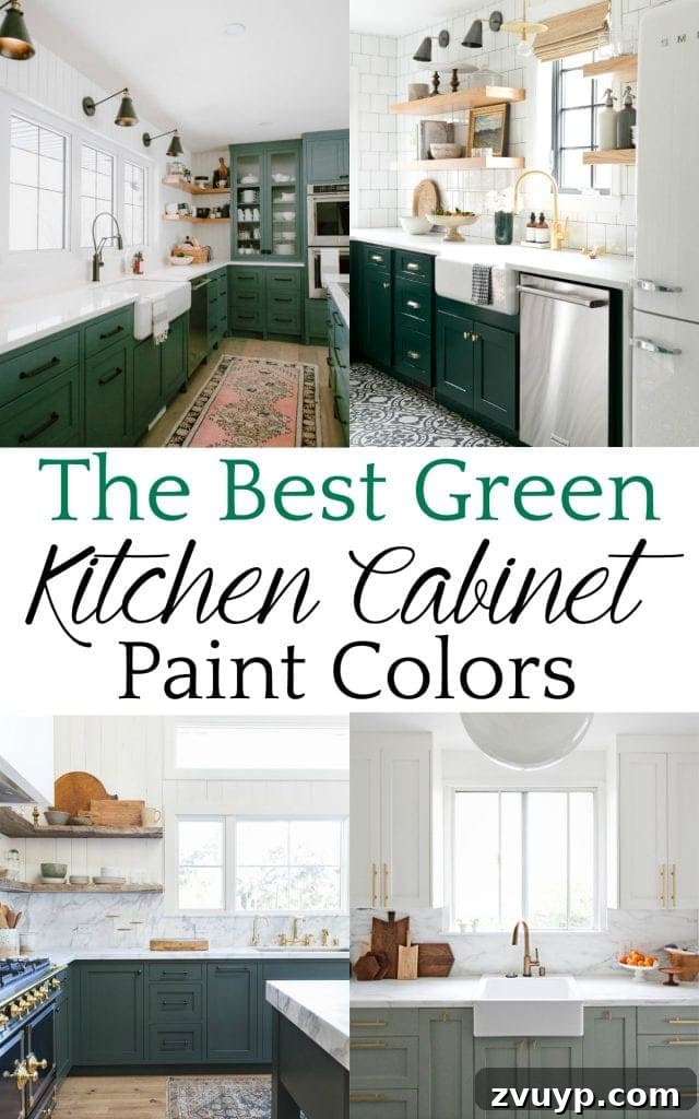 Fresh Green Kitchen Cabinet Ideas 16 Pinterest graphic featuring a collage of stunning green kitchen cabinet paint colors for home renovation inspiration.