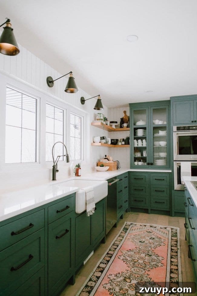 Fresh Green Kitchen Cabinet Ideas 5 Kitchen cabinets showcasing Sherwin Williams Billiard Green, a vibrant, classic green that adds a playful yet refined touch.