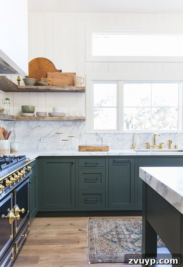 Fresh Green Kitchen Cabinet Ideas 6 Dunn Edwards Midnight Spruce paint on kitchen cabinets, displaying a deep, cool-toned green for a sophisticated kitchen.