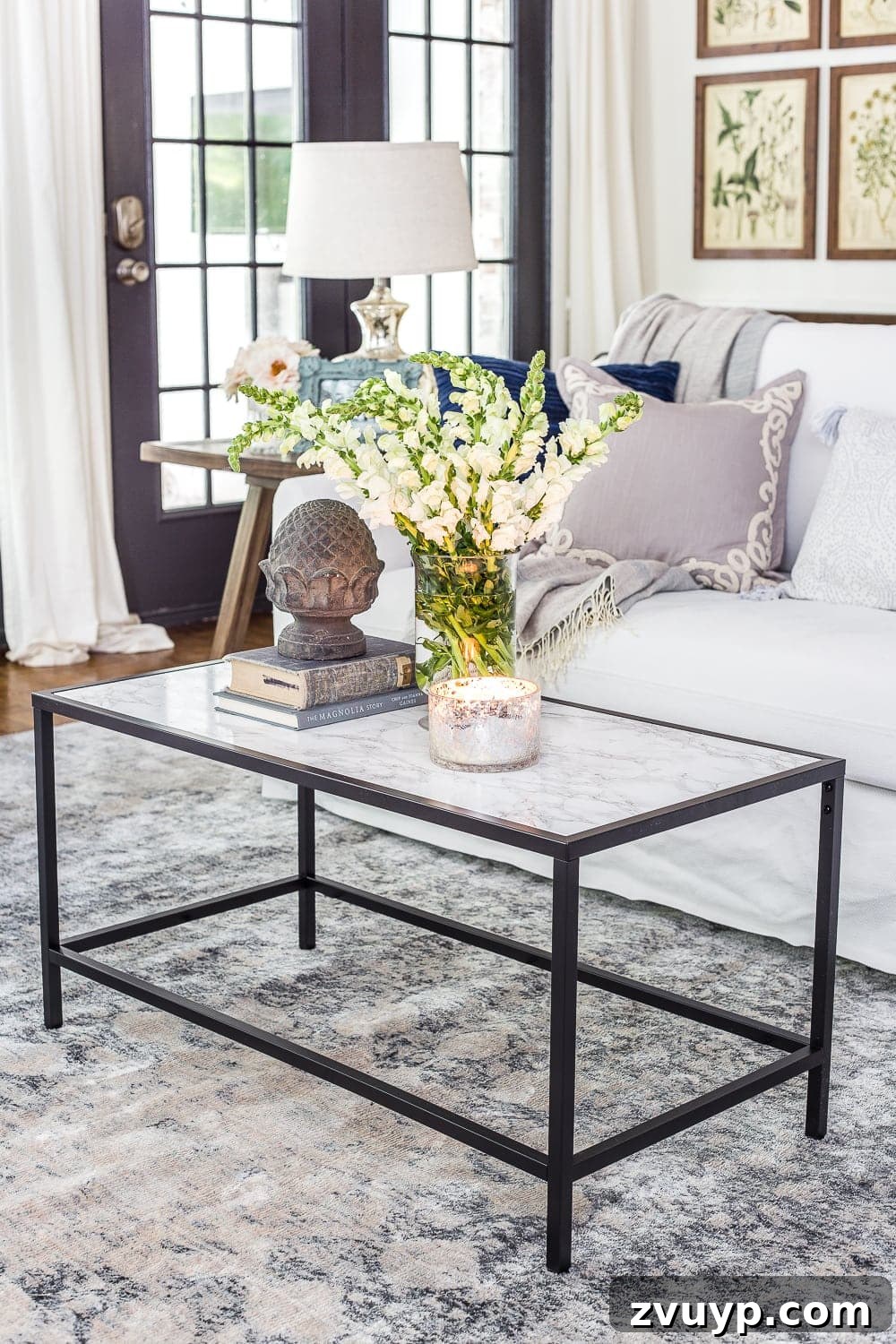 Chic Marble-Effect Coffee Table 12 Faux marble top IKEA coffee table hack in a styled living room setting