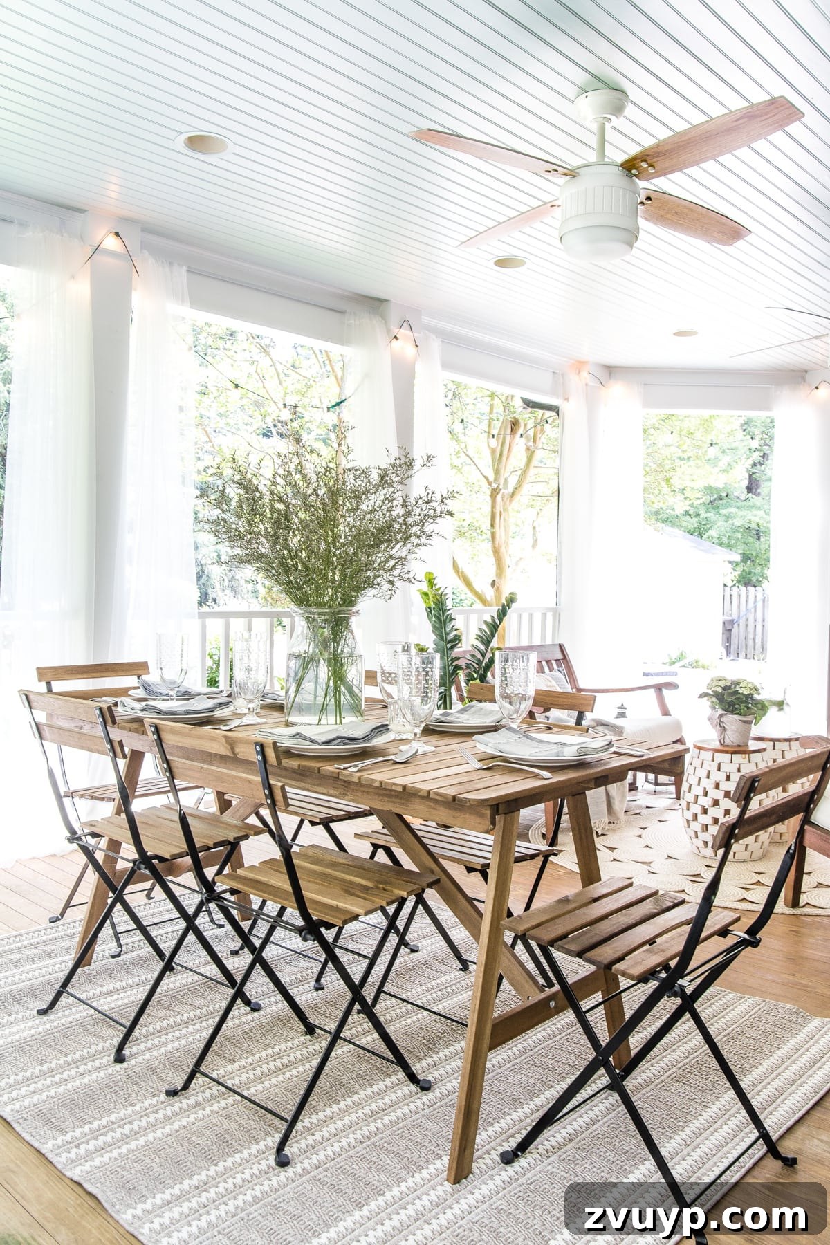 Our Summer Porch Haven 12 Outdoor dining table on back porch with haint blue ceiling and ceiling fan