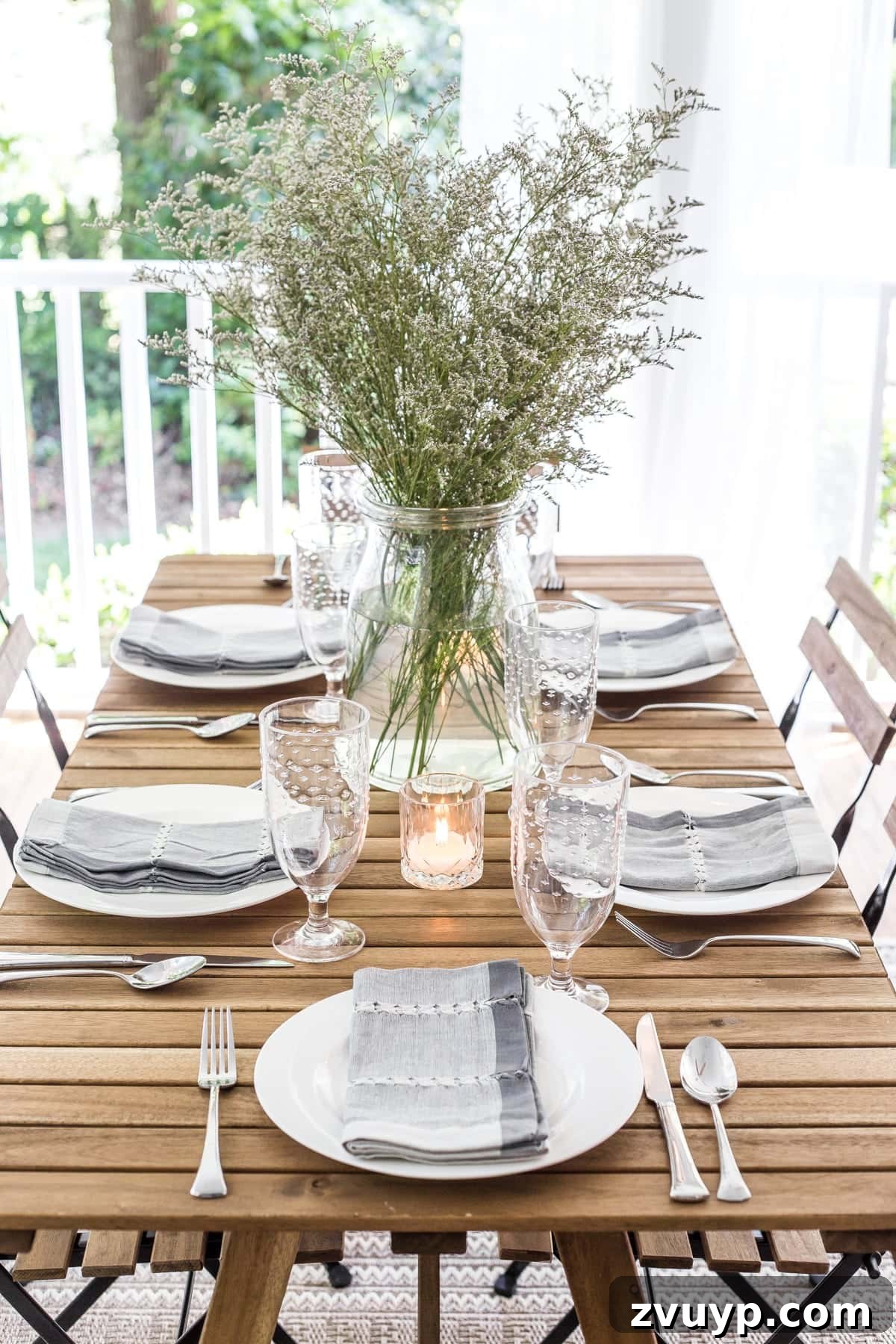 Our Summer Porch Haven 13 Outdoor dining table set for a meal on the back porch