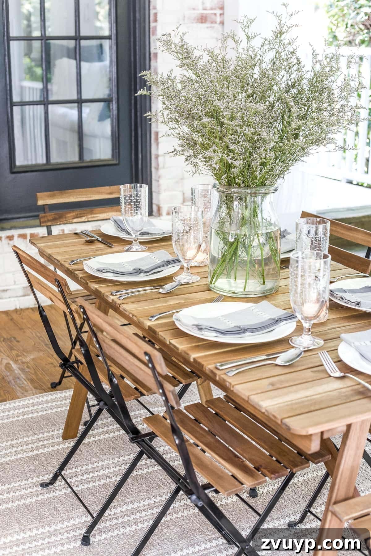 Our Summer Porch Haven 14 Outdoor dining table on back porch with plates and goblets