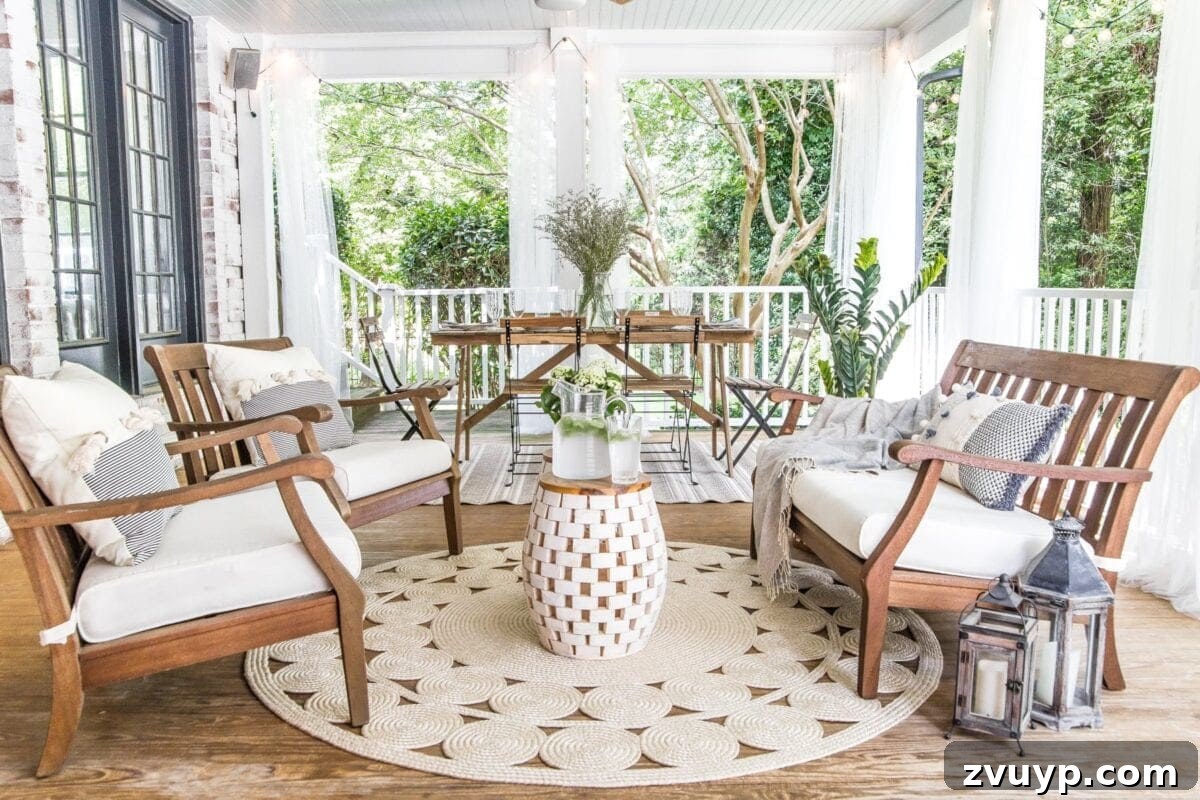 Our Summer Porch Haven 16 Summer back porch with comfortable seating and string lights
