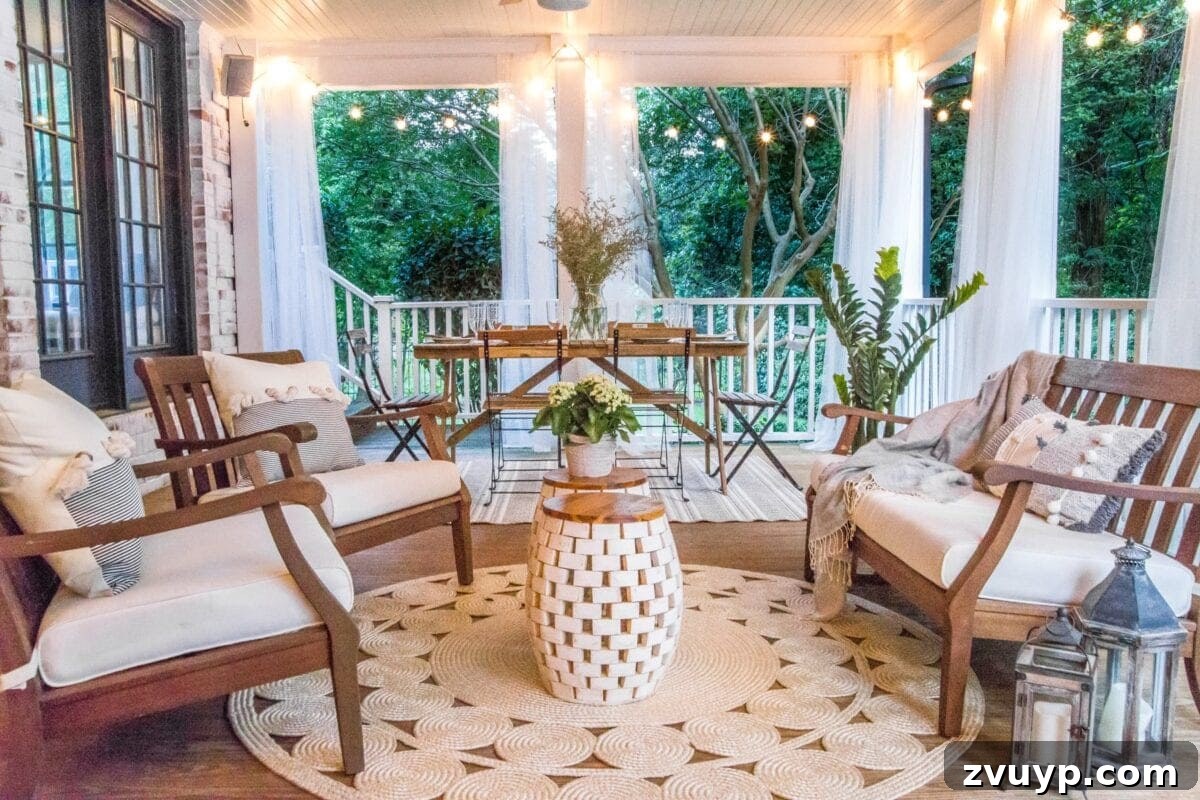 Our Summer Porch Haven 20 Nighttime back porch with string lights illuminating the space