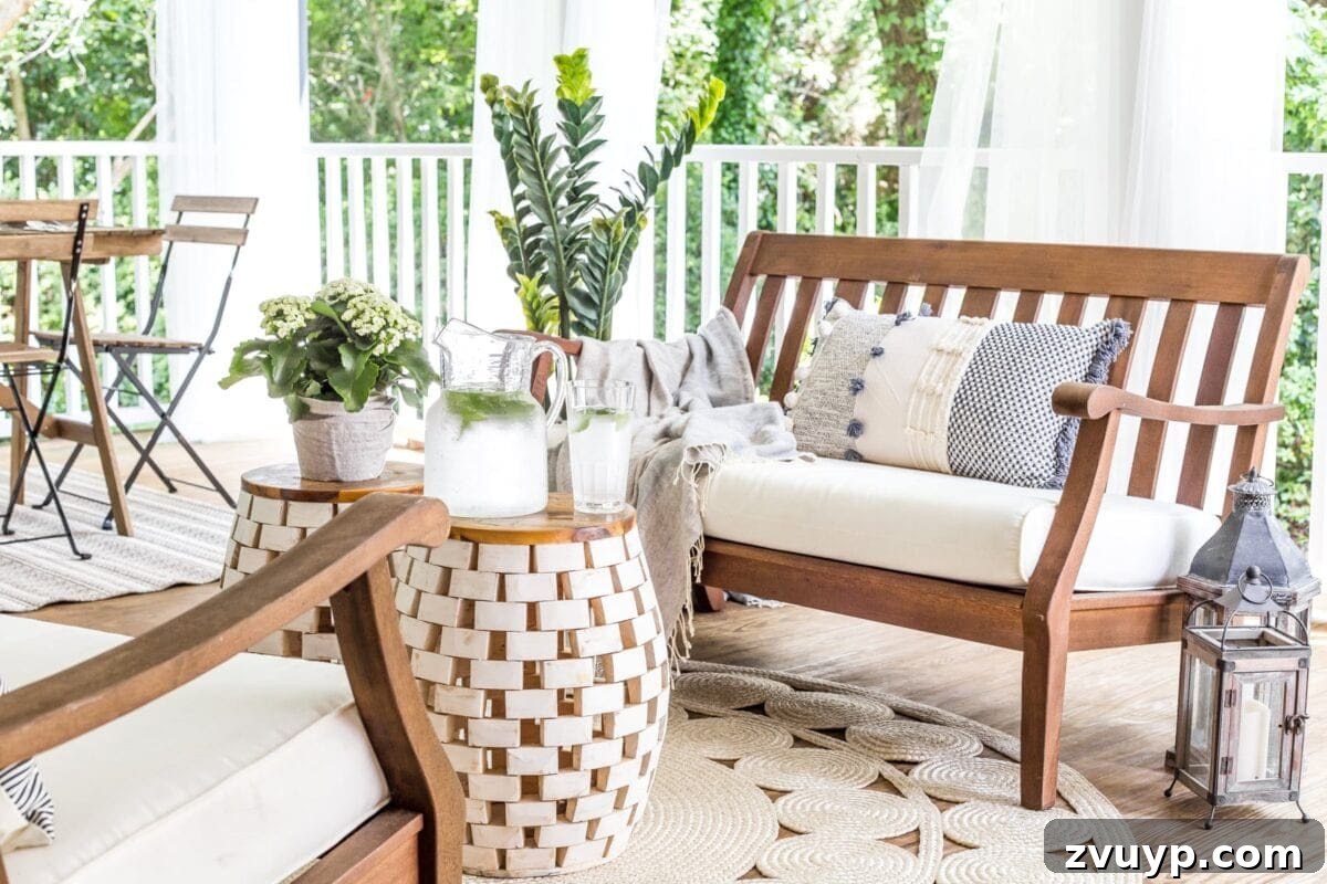 Our Summer Porch Haven 8 Outdoor bench conversation set on back porch with garden stools