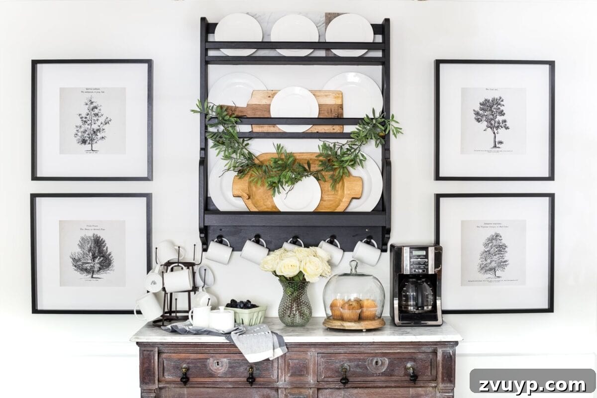 Woodland Wonders Print Collection 9 Kitchen coffee bar decorated with vintage arbor art and natural elements