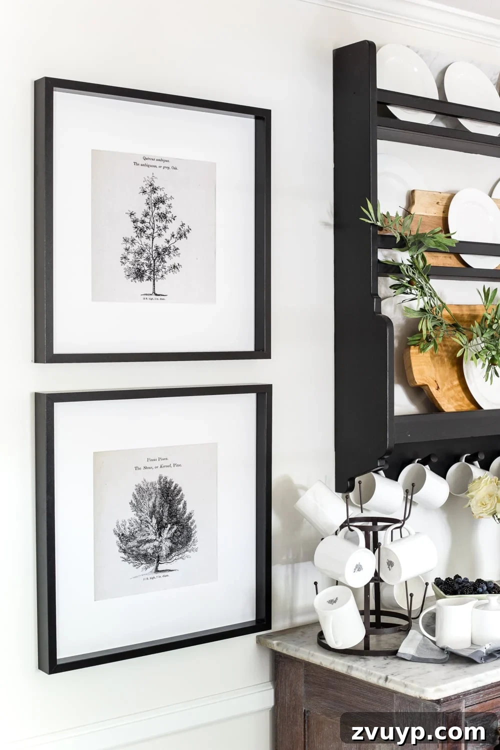 Woodland Wonders Print Collection 4 Four vintage arbor art printables arranged symmetrically above a kitchen coffee bar