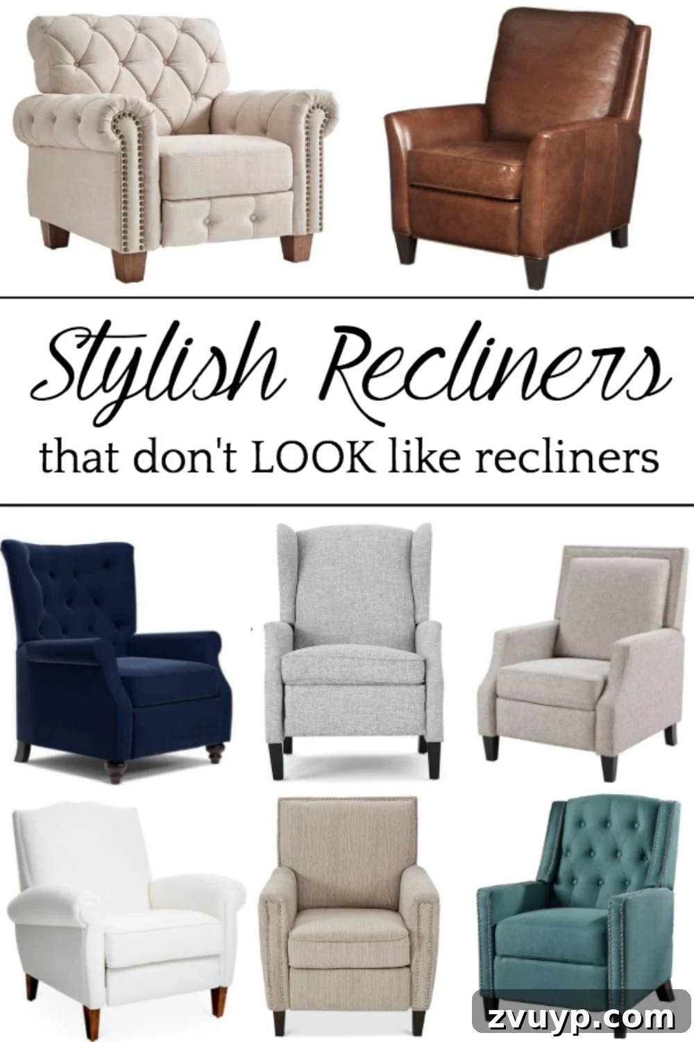 A shopping guide round-up with 22 stylish recliners on a budget that don't LOOK like recliners. #recliners #shoppingguide #furniture