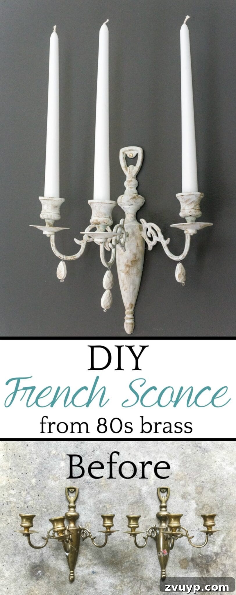 From 80s Brass to French Chic: DIY Sconce 13 How to turn a dated brass piece into a Restoration Hardware-inspired French sconce using paint samples and jewelry beads. #frenchsconce #sconce #walldecor