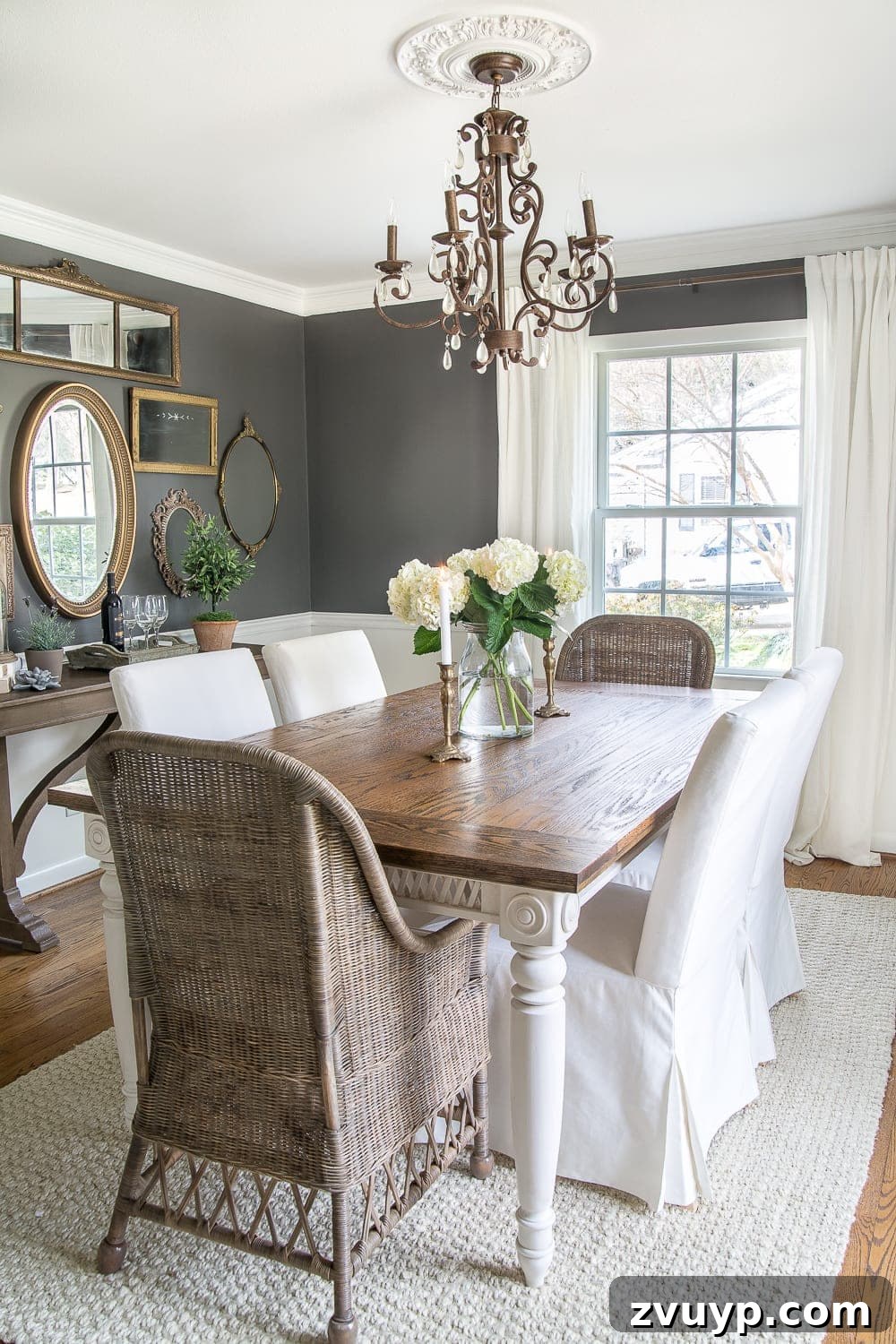 From 80s Brass to French Chic: DIY Sconce 4 Dark charcoal dining room with woods and whites, awaiting sconce installation