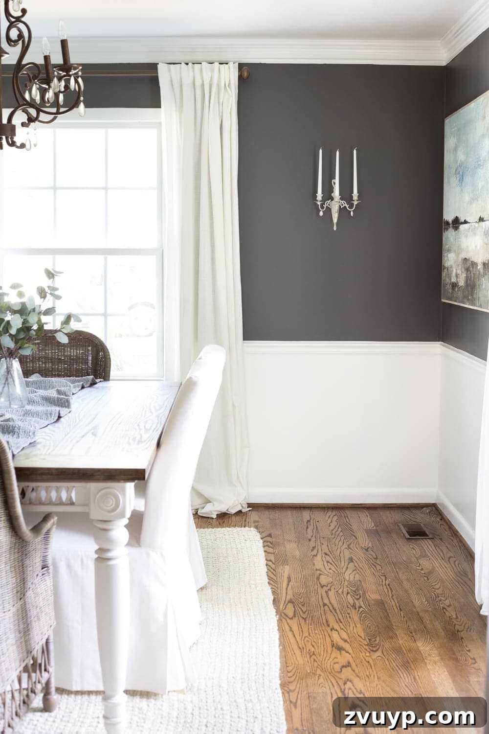 From 80s Brass to French Chic: DIY Sconce 10 Benjamin Moore Kendall Charcoal dining room with new French sconce