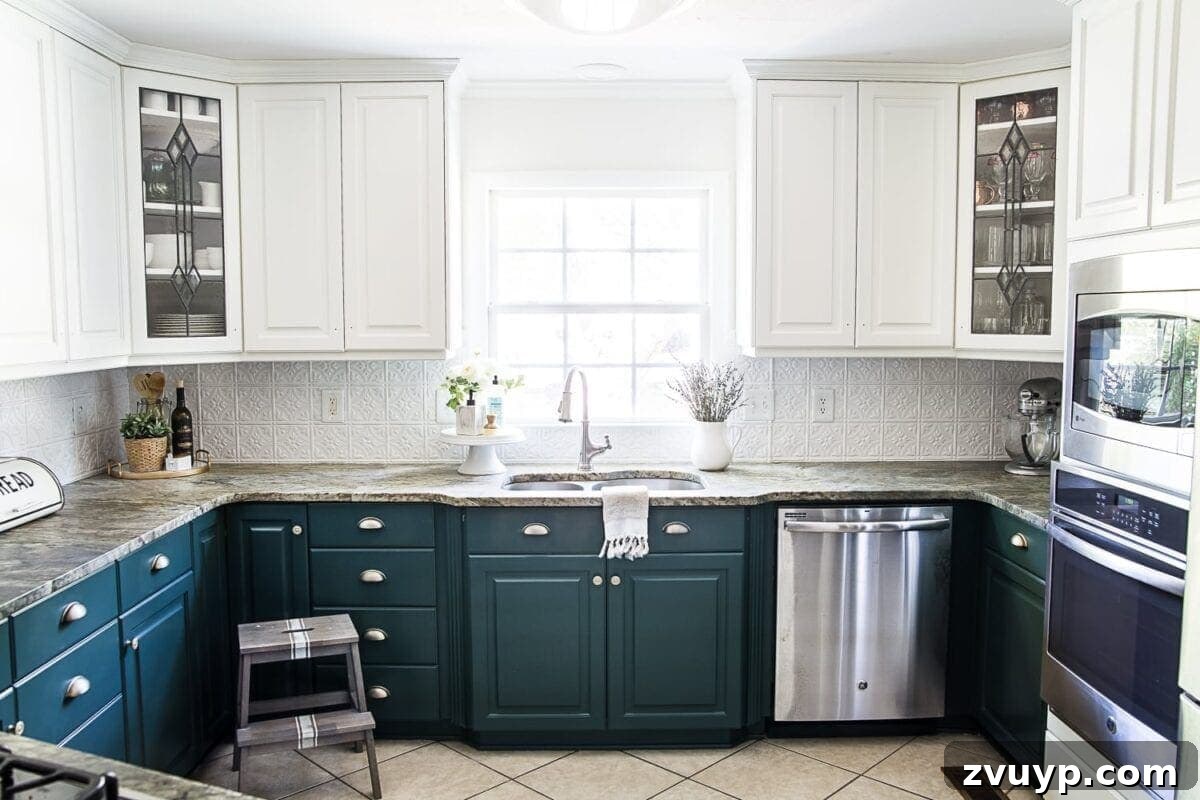 Revitalize Your Kitchen: Plush Comfort, Pristine Grout 3 Kitchen after cabinets were painted deep green and a new backsplash installed, but before floor grout was refreshed.