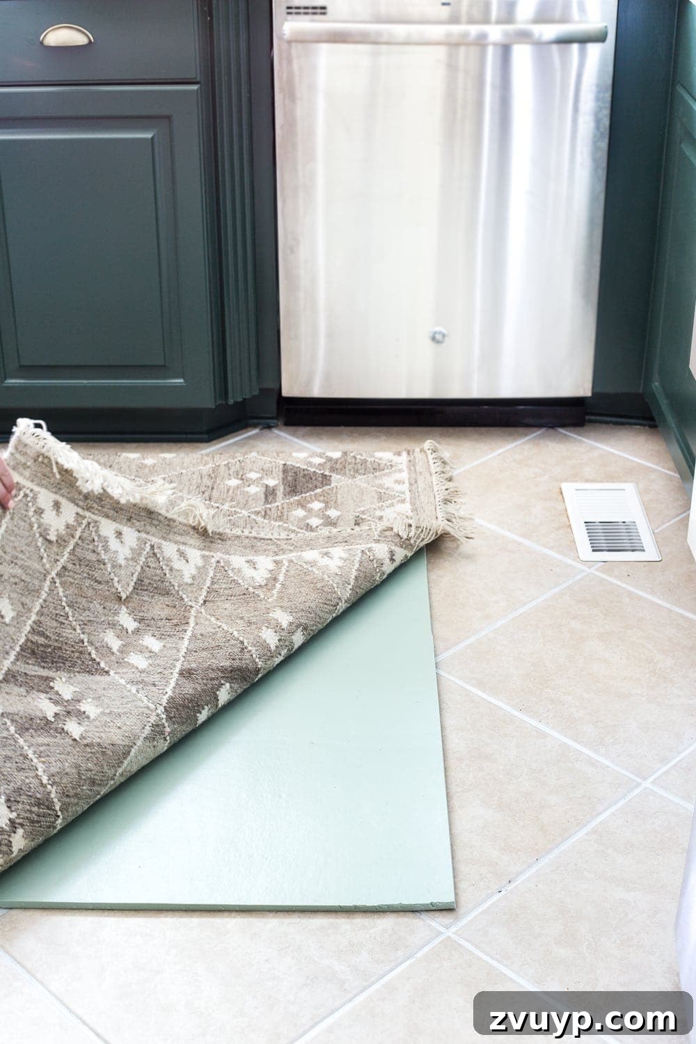 Revitalize Your Kitchen: Plush Comfort, Pristine Grout 7 Layered memory foam kitchen rug providing comfort on hard tile floors in a deep green kitchen.