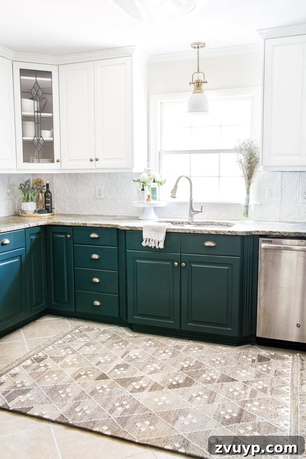 Revitalize Your Kitchen: Plush Comfort, Pristine Grout 8 Stylish deep green kitchen with a layered memory foam rug, pressed tin backsplash, and leathered granite.