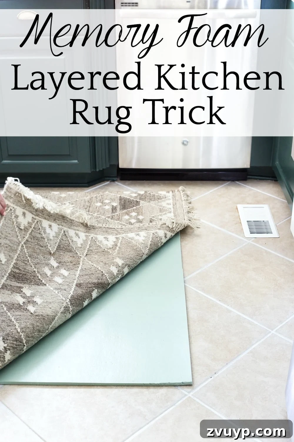 Revitalize Your Kitchen: Plush Comfort, Pristine Grout 10 Pinterest pin showing how to refresh tile grout cheaply and easily and add comfort to your kitchen floor with a layered memory foam kitchen rug.