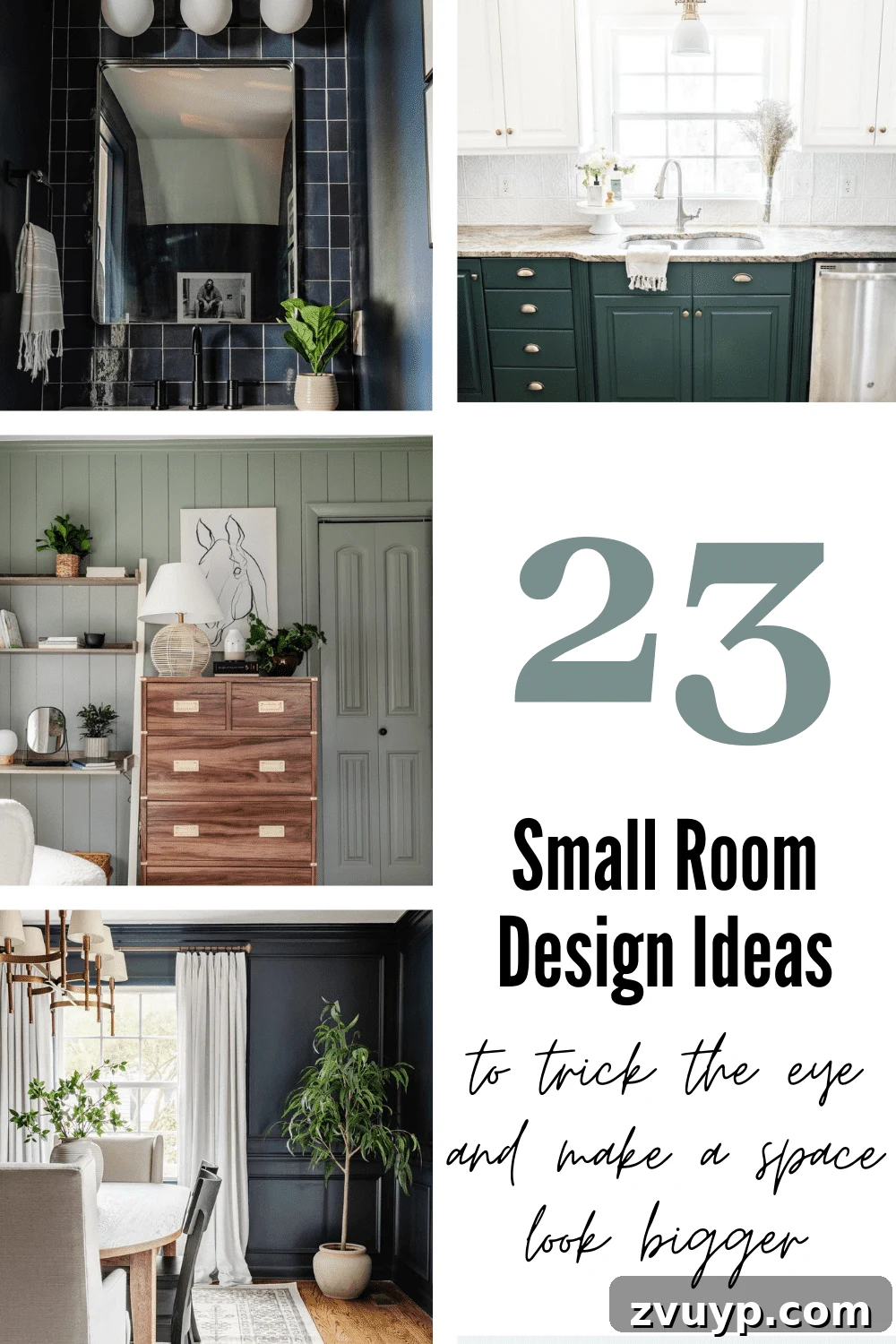 Small room design tricks for decorating, furniture selecting, choosing paint colors, and utilizing function to make a space look bigger.