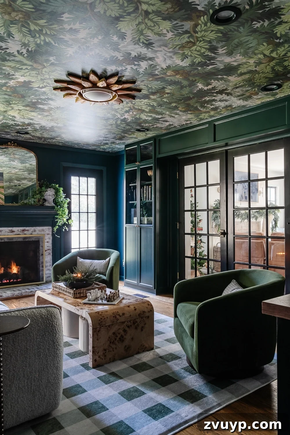 A stylish media room featuring a captivating wallpapered ceiling, a creative design choice that makes the small space feel larger and adds unique dimension.
