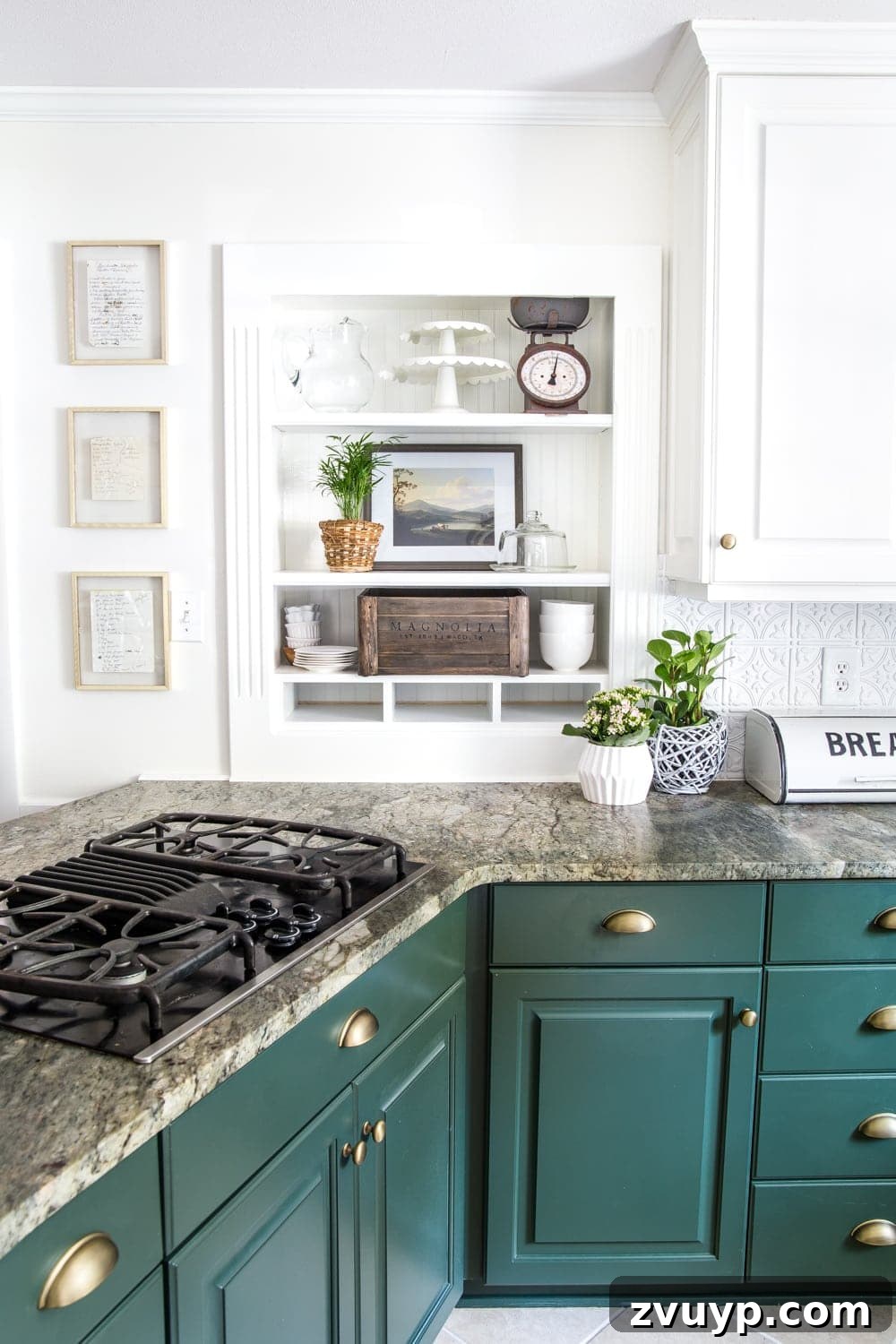Creative Ways to Showcase Handwritten Family Heirlooms 11 Kitchen shelves with dark green cabinets and framed handwritten recipes for art