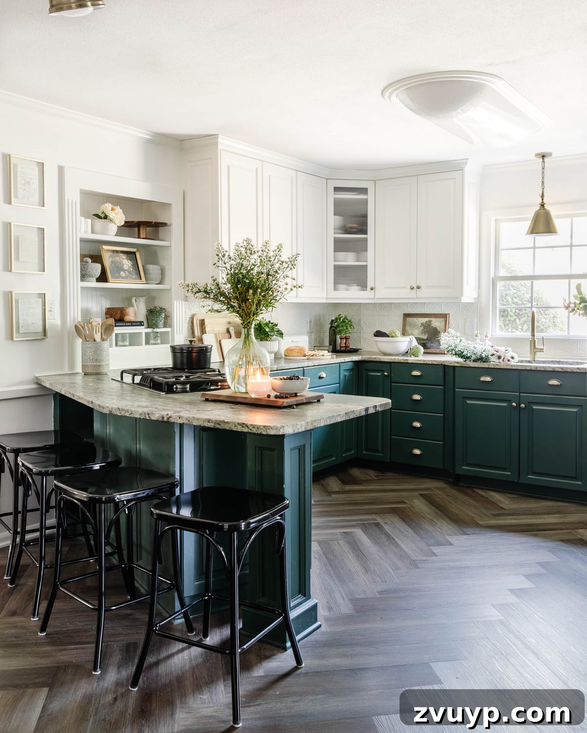 Cozy Cottagecore Kitchen Transformations That Won't Break the Bank 2 A beautifully refreshed kitchen showcasing herringbone floors, green lower cabinets, white upper cabinets, and charming cottagecore style decor.