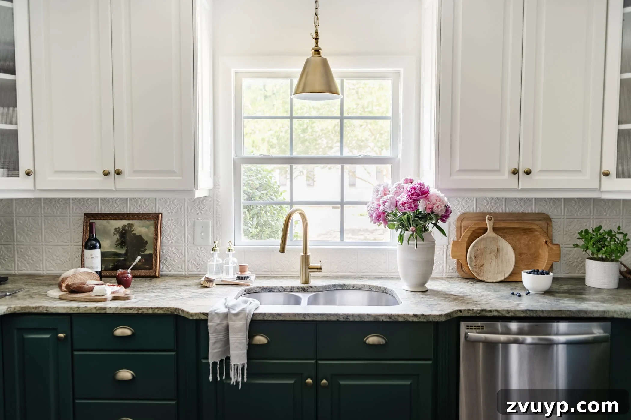 Cozy Cottagecore Kitchen Transformations That Won't Break the Bank 13 Kitchen sink area decorated with a white vase of fresh pink peonies, antique-inspired art, and various cutting boards elegantly arranged on a countertop.
