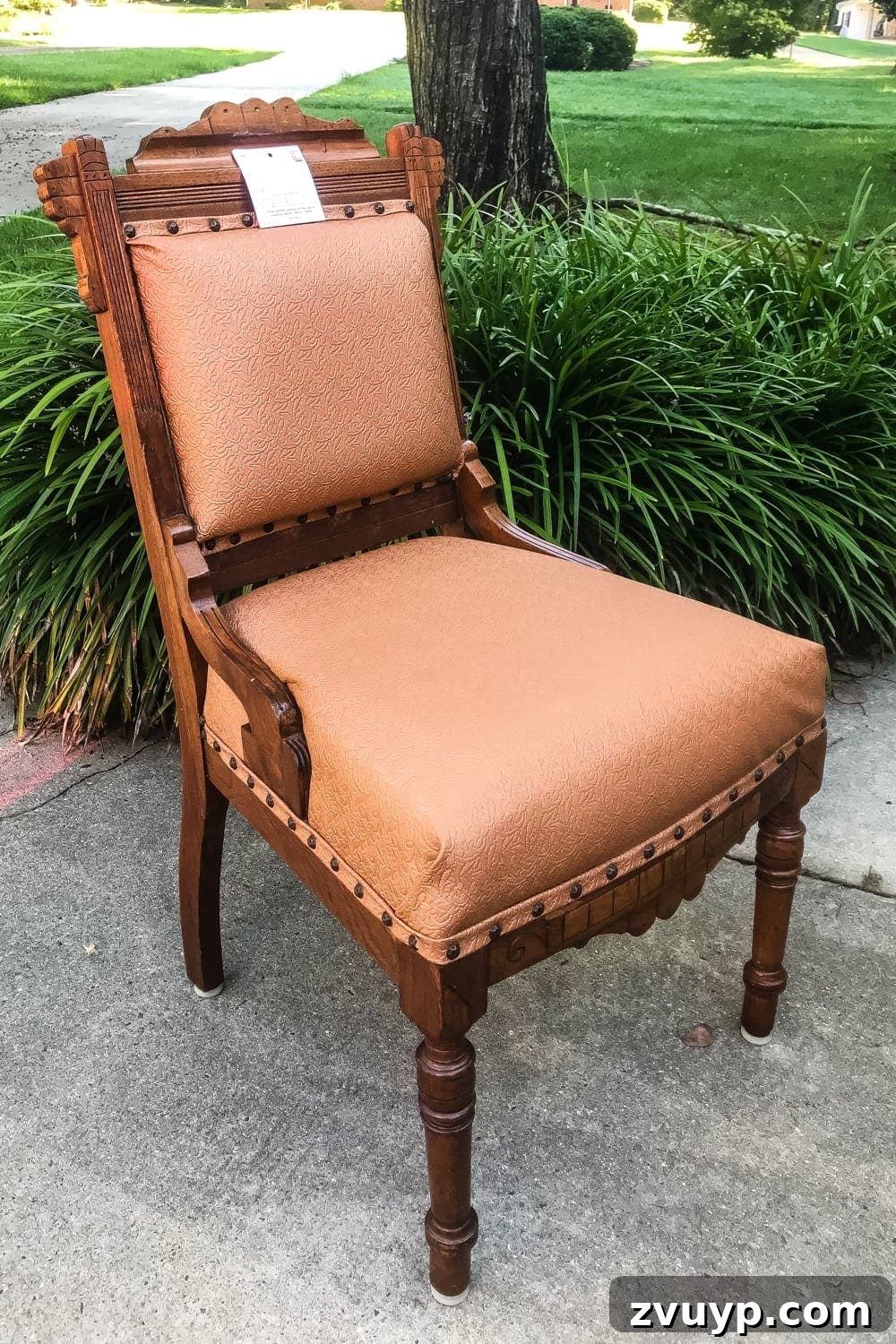 Wood and Linen Spare Chair Revival 2 Thrifted chair before makeover with orange vinyl upholstery