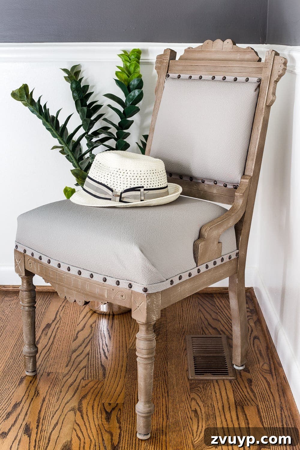 Wood and Linen Spare Chair Revival 8 Close-up of the elegant French Linen and weathered wood chair