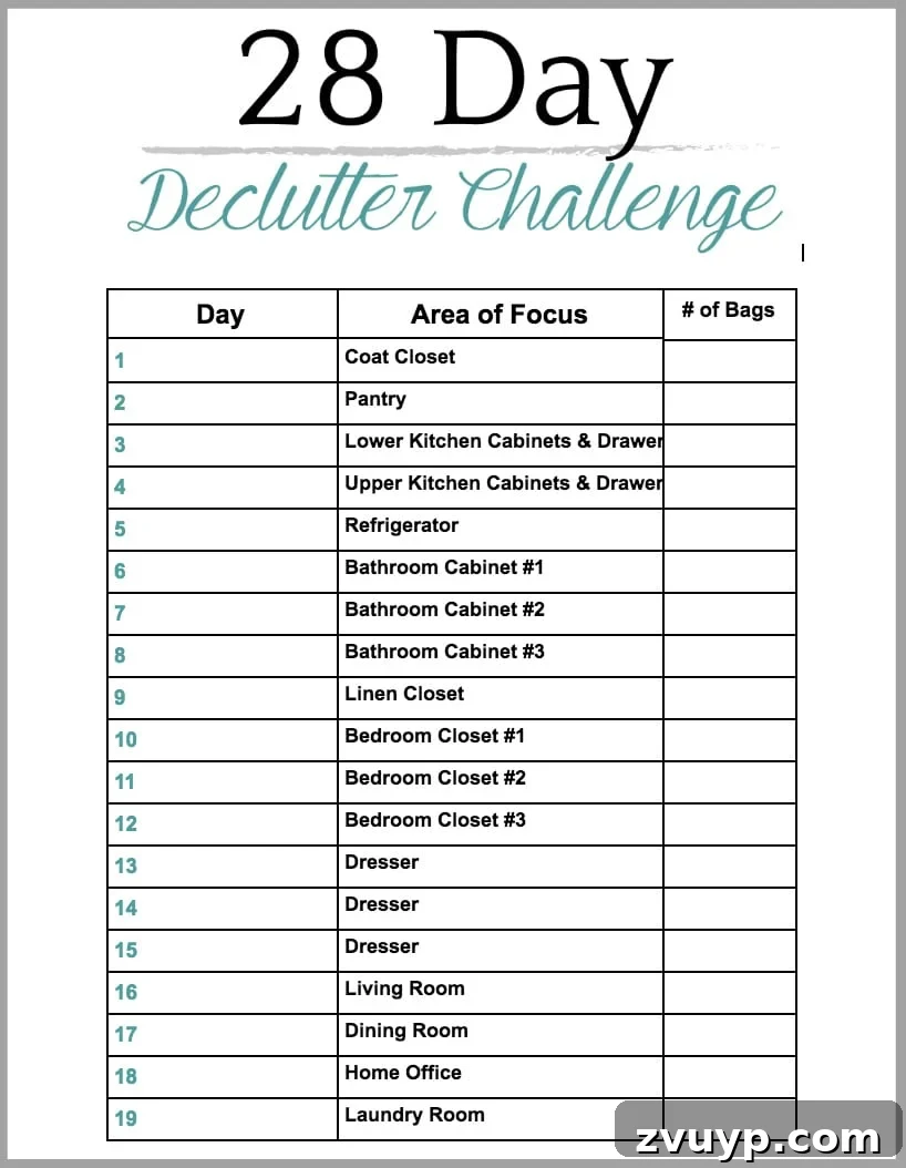 Reclaim Your Space The Ultimate Whole-House Decluttering Guide With a Free Printable 4 Page 1 of the 28 Day Whole House Declutter Challenge Checklist Printable for efficient home organization
