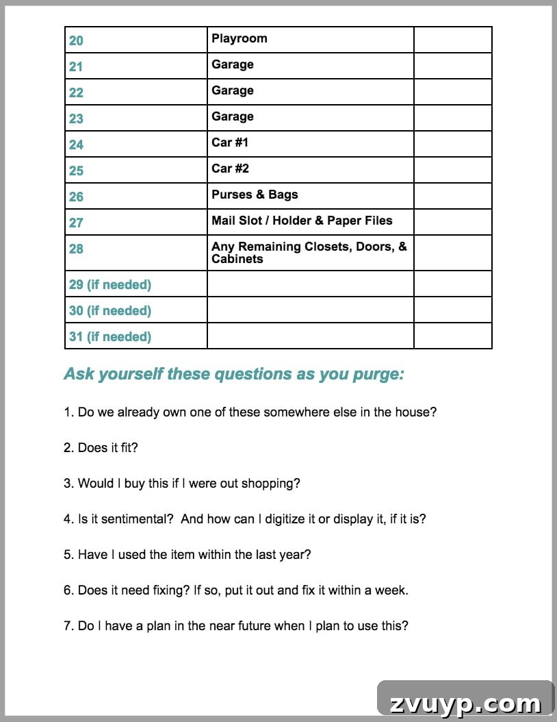 Reclaim Your Space The Ultimate Whole-House Decluttering Guide With a Free Printable 5 Page 2 of the 28 Day Whole House Declutter Challenge Checklist Printable with actionable decluttering tips
