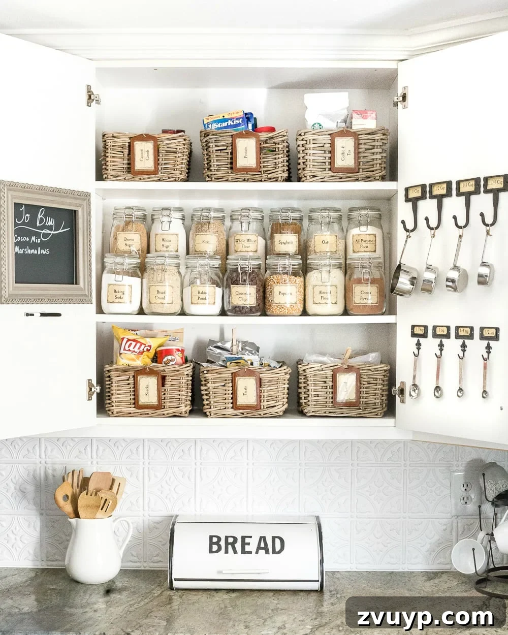 Reclaim Your Space The Ultimate Whole-House Decluttering Guide With a Free Printable 9 Organized pantry kitchen cabinet with printable labels for efficient meal prep and a declutter checklist printable