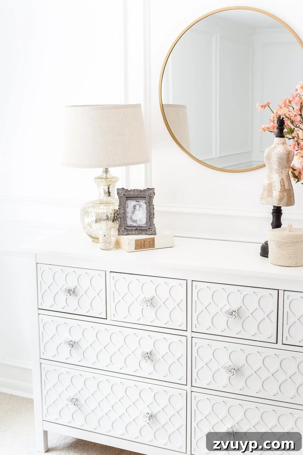 Chic Applique Makeover for Your IKEA Hemnes Dresser 11 High-end designer knock-off dresser using a plain IKEA Hemnes dresser and Hobby Lobby knobs with O'verlays appliques