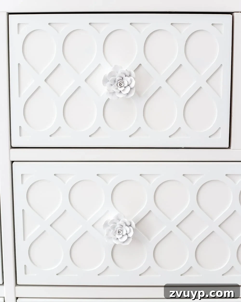 Chic Applique Makeover for Your IKEA Hemnes Dresser 9 Dresser drawer details using feminine appliques and cactus flower knobs