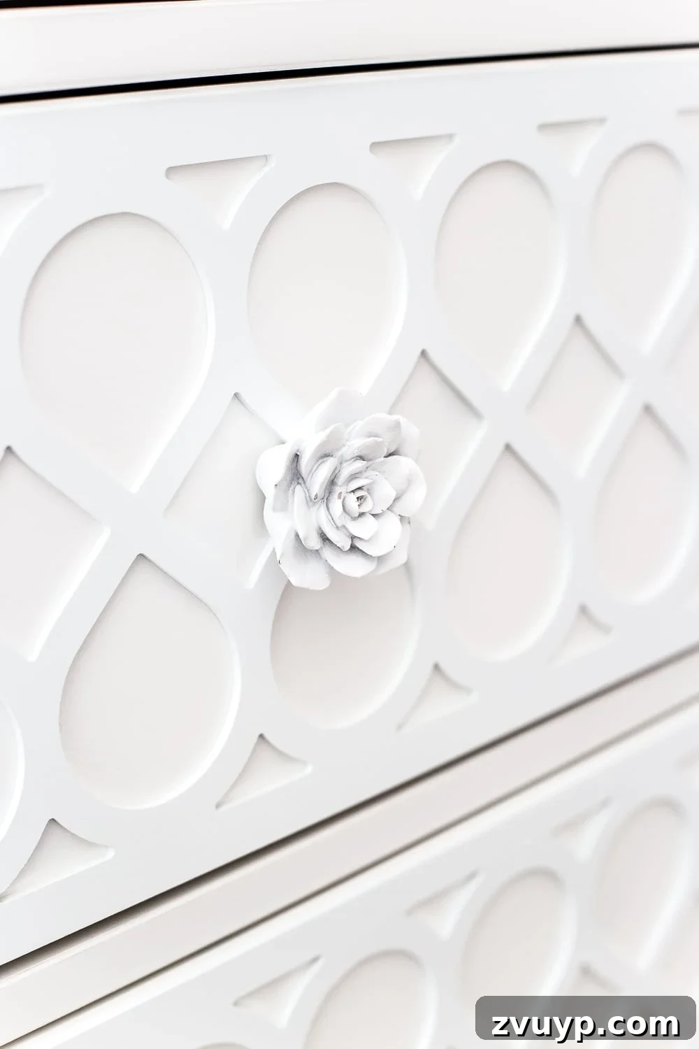 Chic Applique Makeover for Your IKEA Hemnes Dresser 10 white cactus flower knobs and applique on a plain IKEA dresser