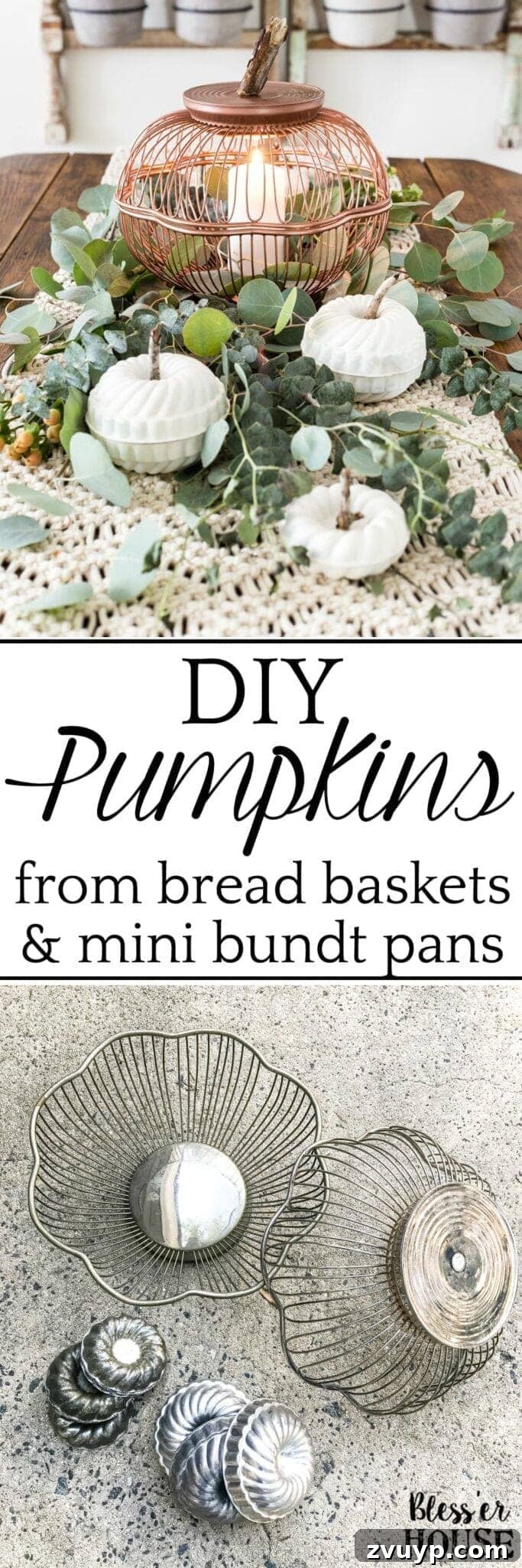 The Unlikely Pumpkin Patch Wire Basket and Bundt Pan Crafts 15 A step-by-step tutorial for making craft pumpkins for fall using thrifted vintage wire bread baskets and mini bundt pan Jello molds. #craftpumpkin #fallcraft