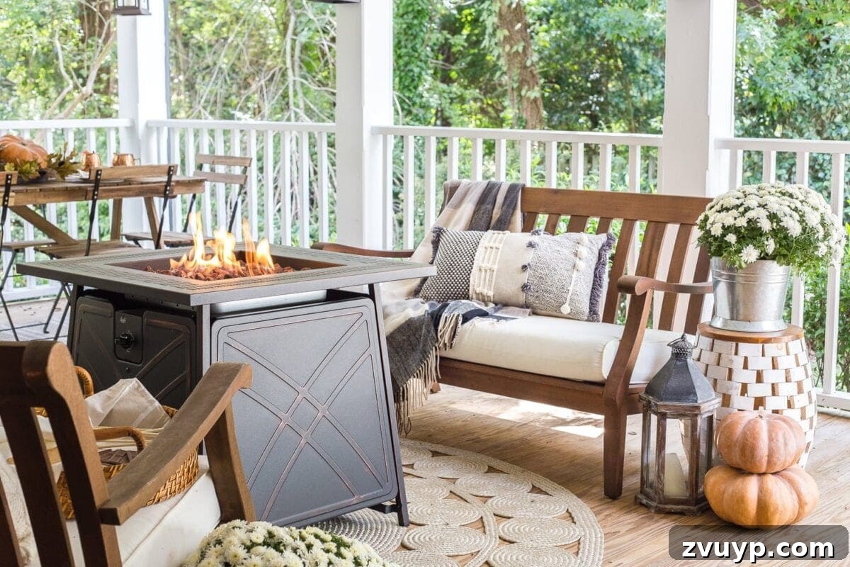 Autumn Porch Retreat: Crafting Cozy Outdoor Style 3 Cozy fall porch with gas fire pit, pumpkins, and mums