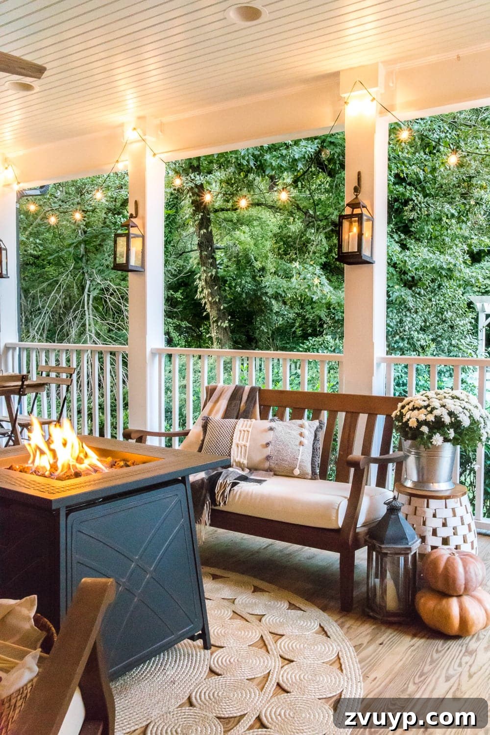 Autumn Porch Retreat: Crafting Cozy Outdoor Style 19 cozy fall porch with fire pit, string lights, and lanterns